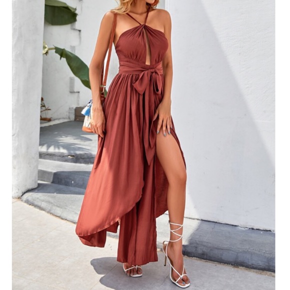 SOLD OUT CLEARANCE Brown Sexy High Slit Plunge Belted Dress - Picture 5 of 6